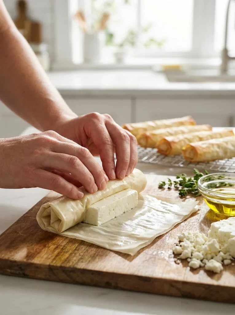 Fold sides in first, then roll upward firmly to keep the cheese sealed inside