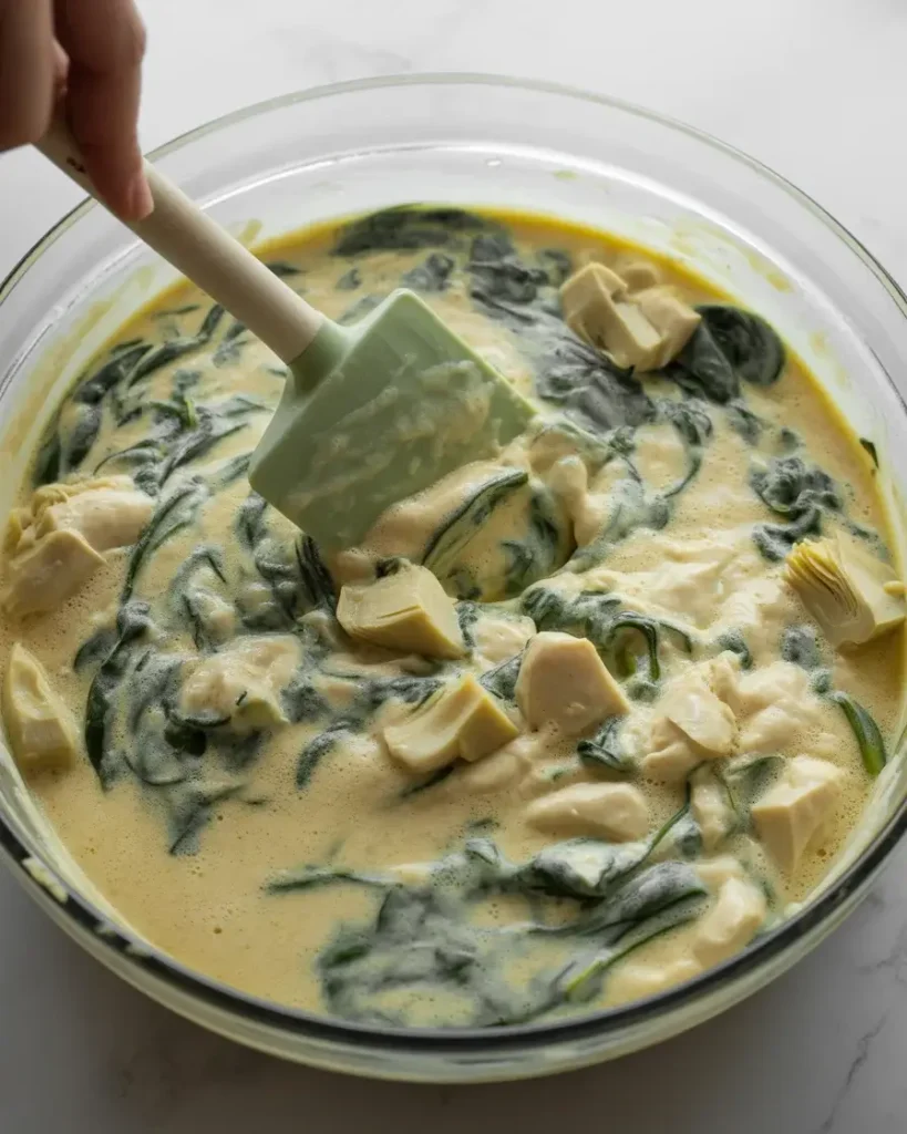 Folding artichokes and spinach into the creamy egg and cheese batter
