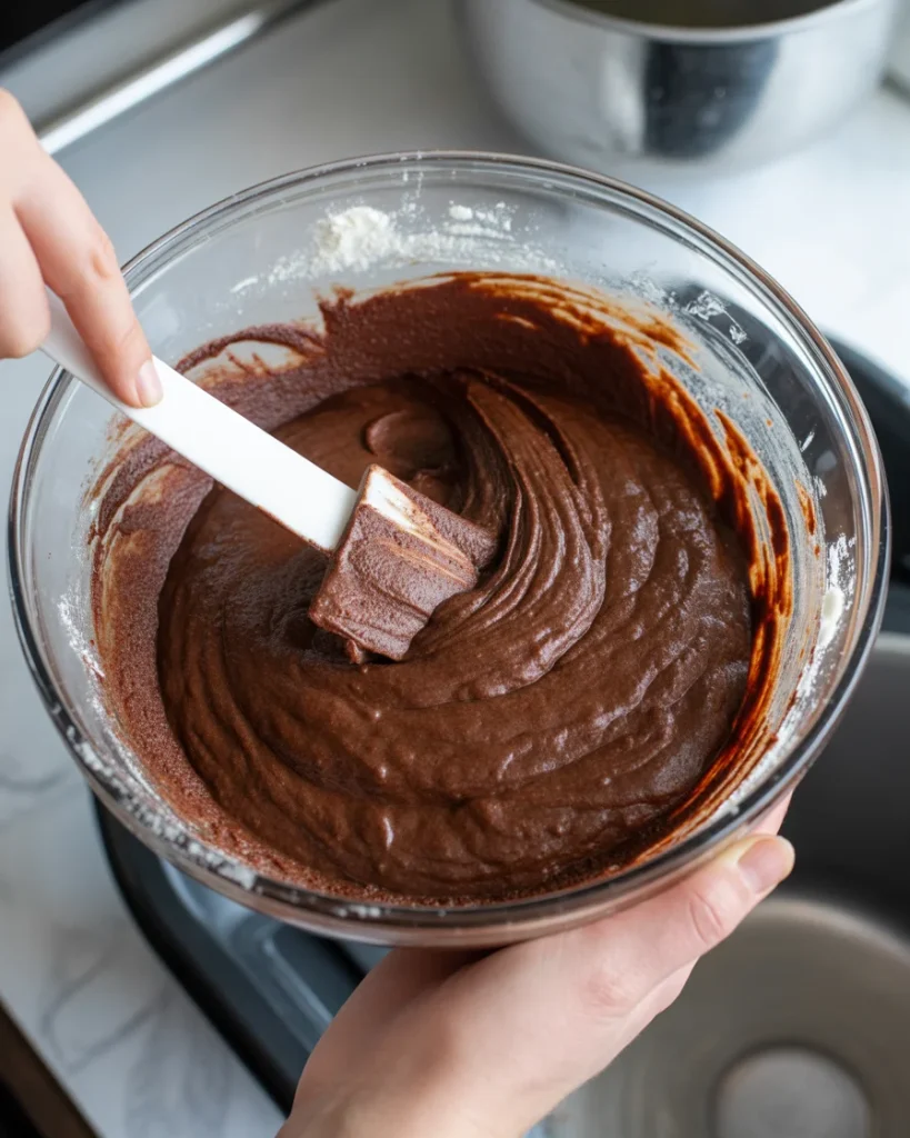 Folding chocolate batter gently for moist, tender reindeer cupcakes