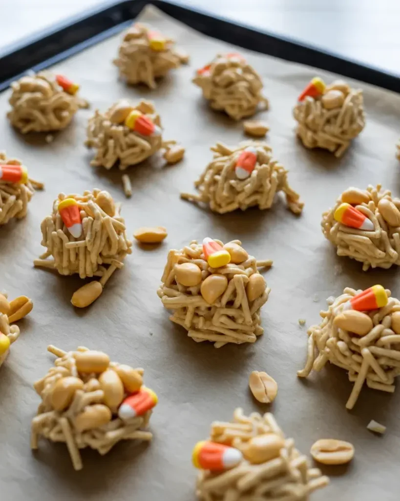 Folding chow mein noodles and peanuts into warm white chocolate until fully coated
