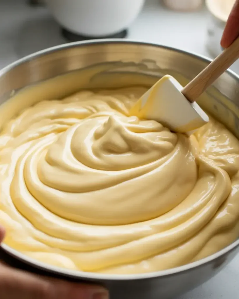Folding cream cheese mixture into pudding for a thick, smooth casserole filling