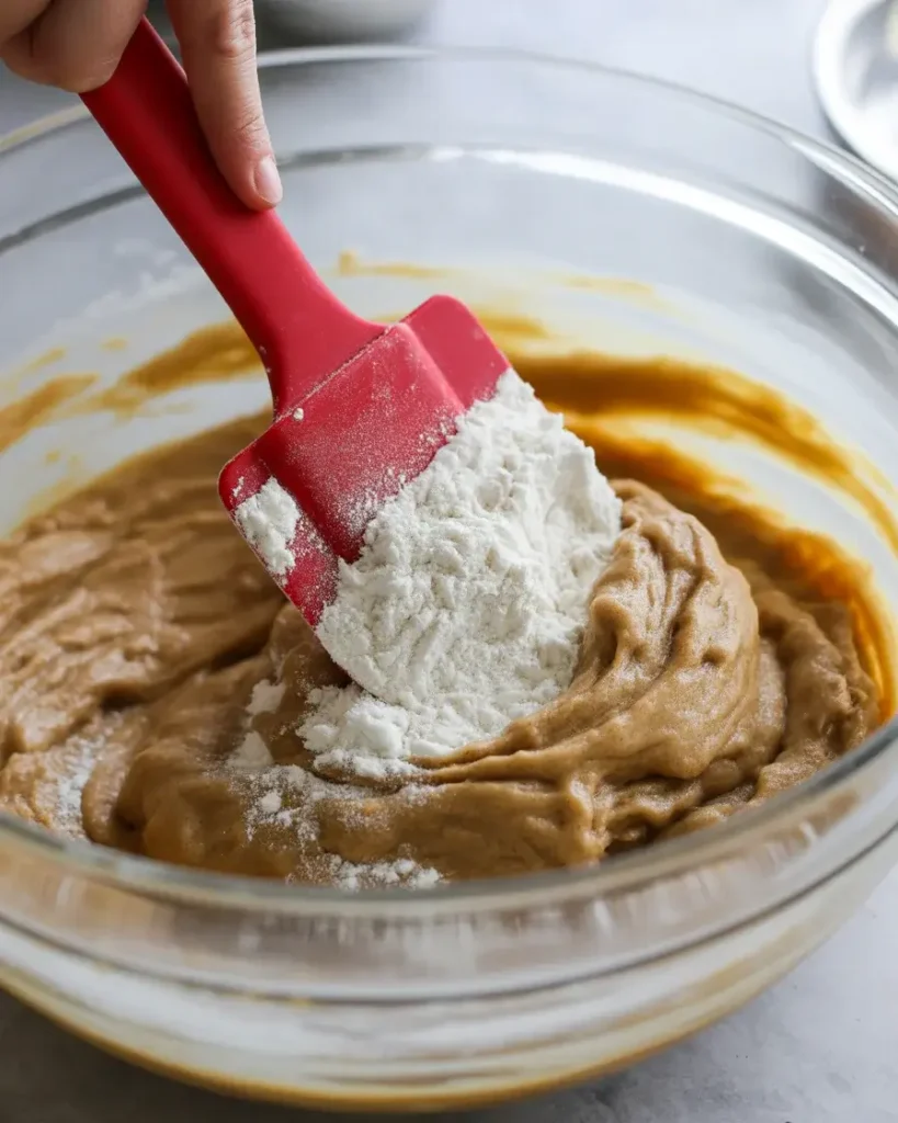 Folding flour into cookie dough just until no dry streaks remain