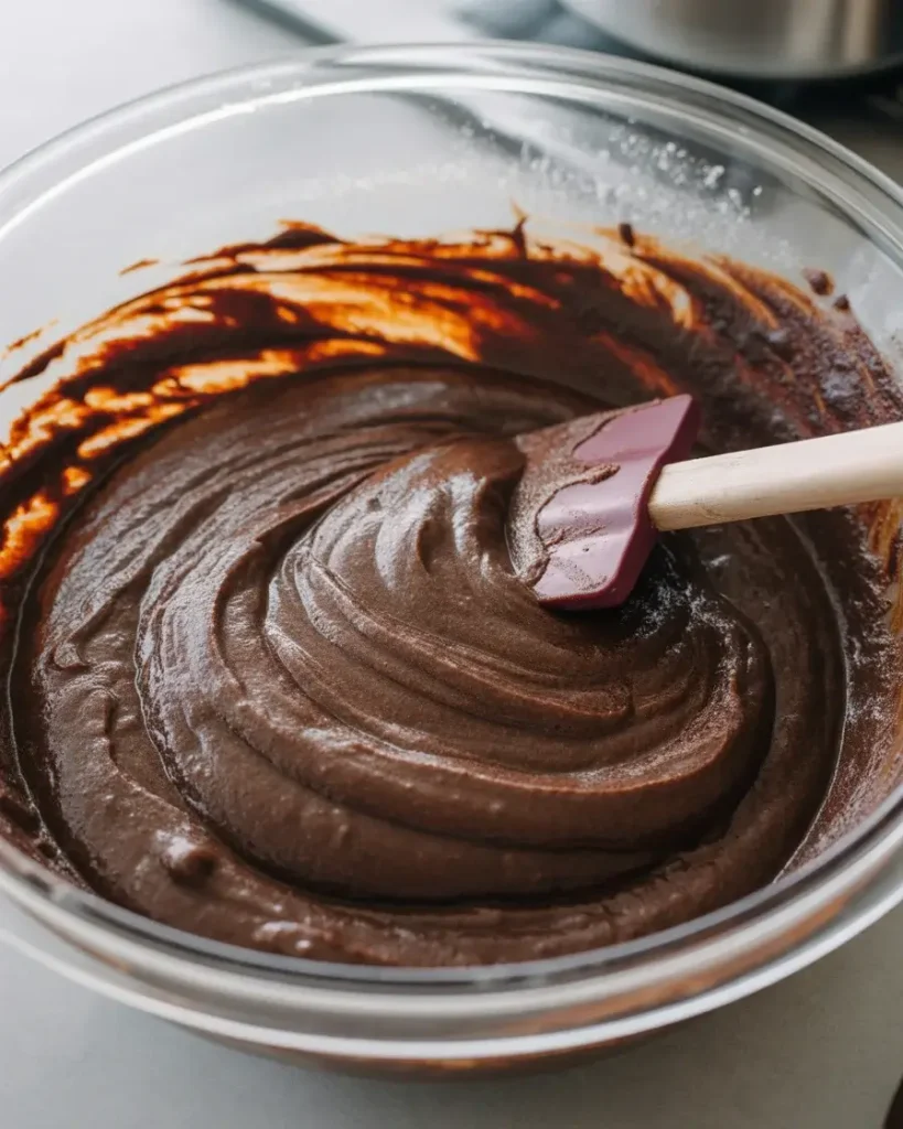Folding flour into glossy brownie batter just until combined for a fudgy texture