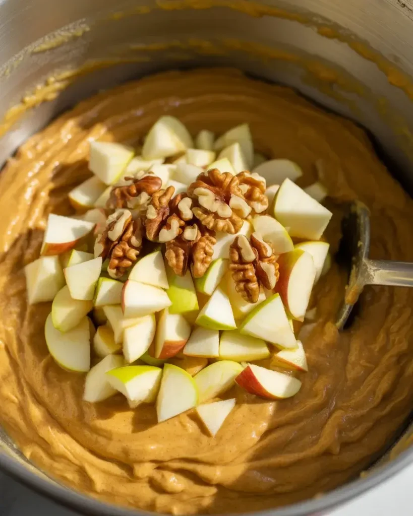 Folding fresh apple chunks and optional walnuts into the spiced pumpkin batter