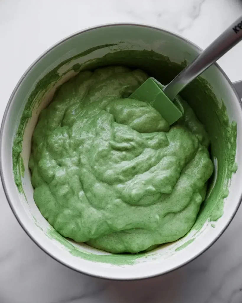 Folding green waffle batter gently - lumps are perfectly fine here