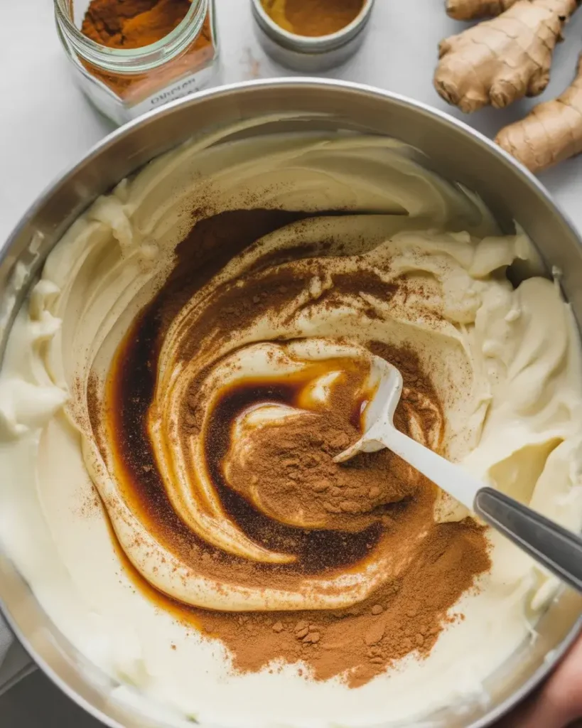 Folding molasses and warm holiday spices into the cream cheese filling
