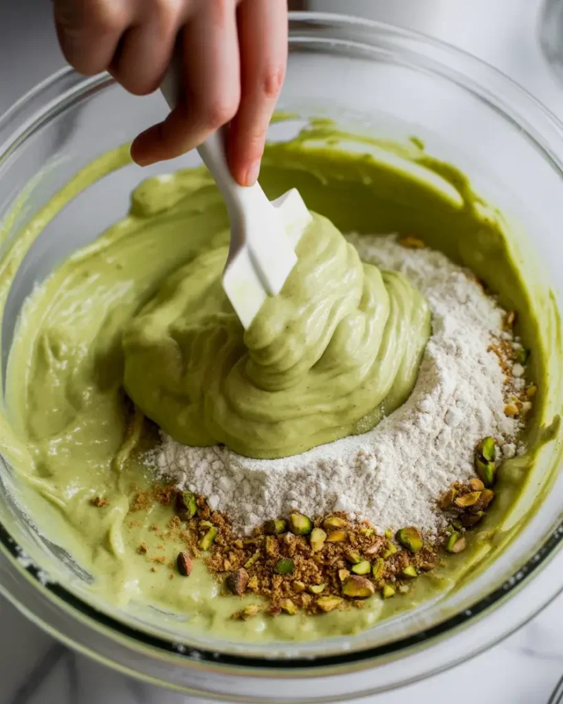 Folding pistachio dry ingredients into wet batter for a tender, even crumb