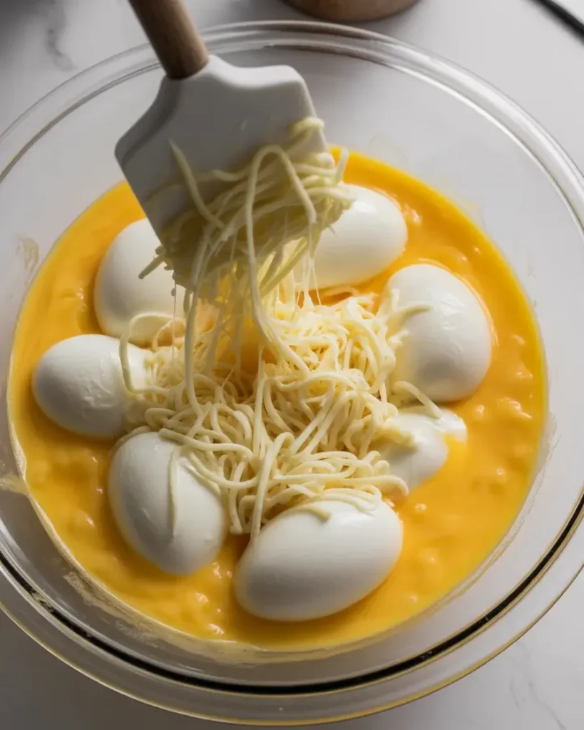 Folding softened cream cheese and mozzarella into the seasoned egg mixture