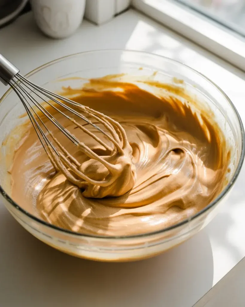 Folding whipped cream into peanut butter filling for a light, airy texture