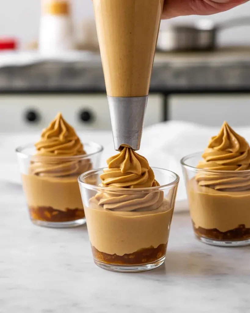 Folding whipped cream into spiced filling for a light mousse-like gingerbread cheesecake texture