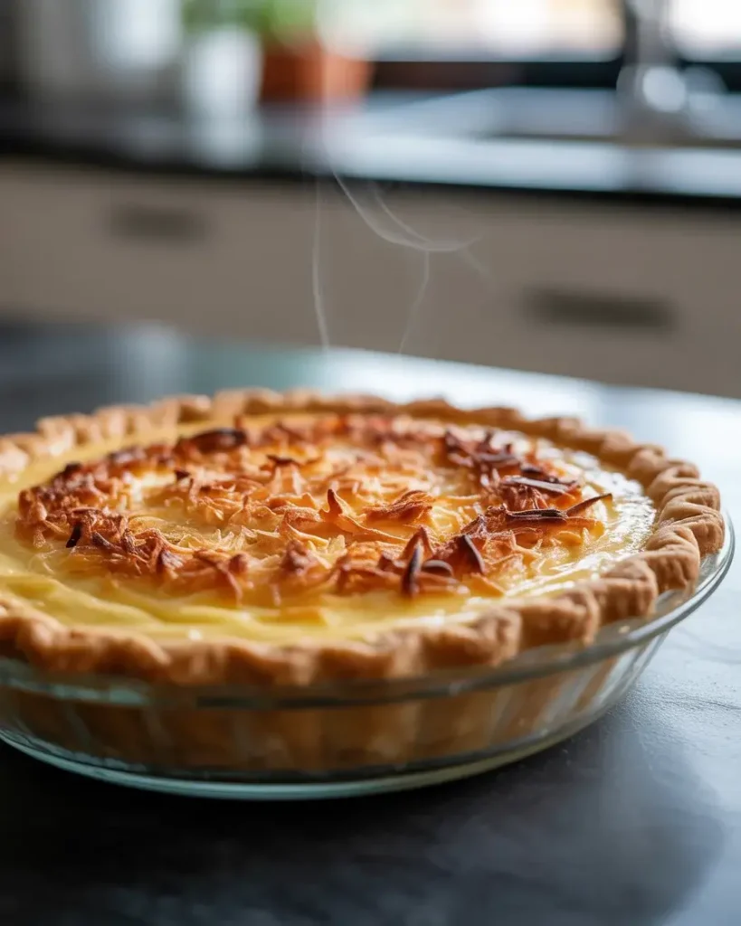  French coconut pie baked to golden perfection with caramelized coconut top