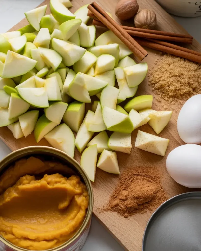 Fresh apple chunks and pumpkin puree prepped with warm fall spices for the cake batter