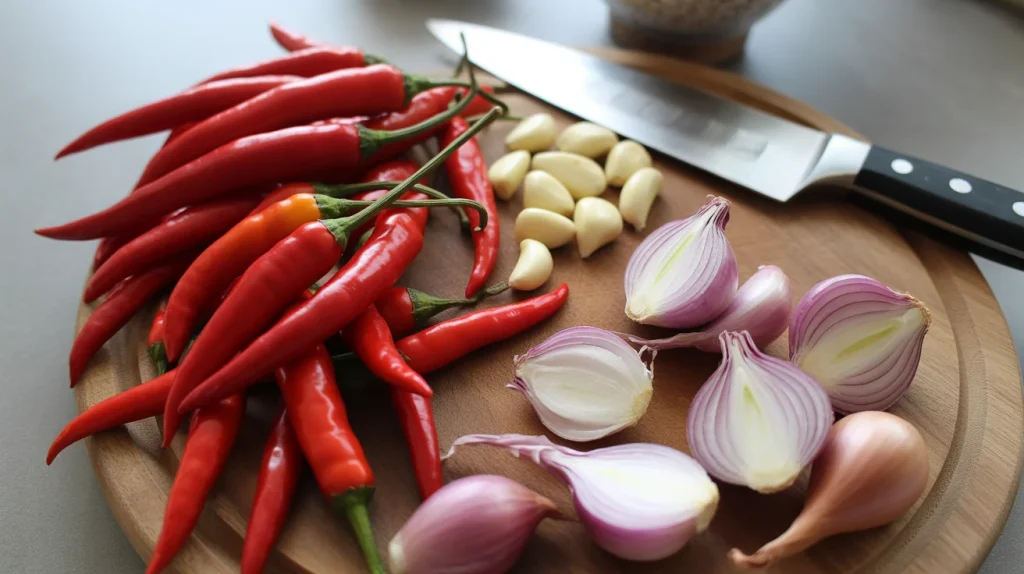 Fresh bird's eye chilies, garlic, and shallots prepped and ready for the sauce