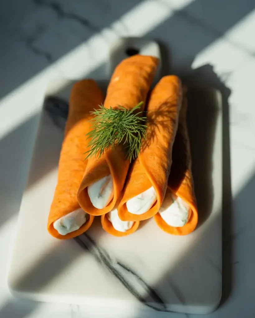 Fresh carrot roll ups with creamy herbed filling on a marble board.Fresh carrot roll ups with creamy herbed filling on a marble board.