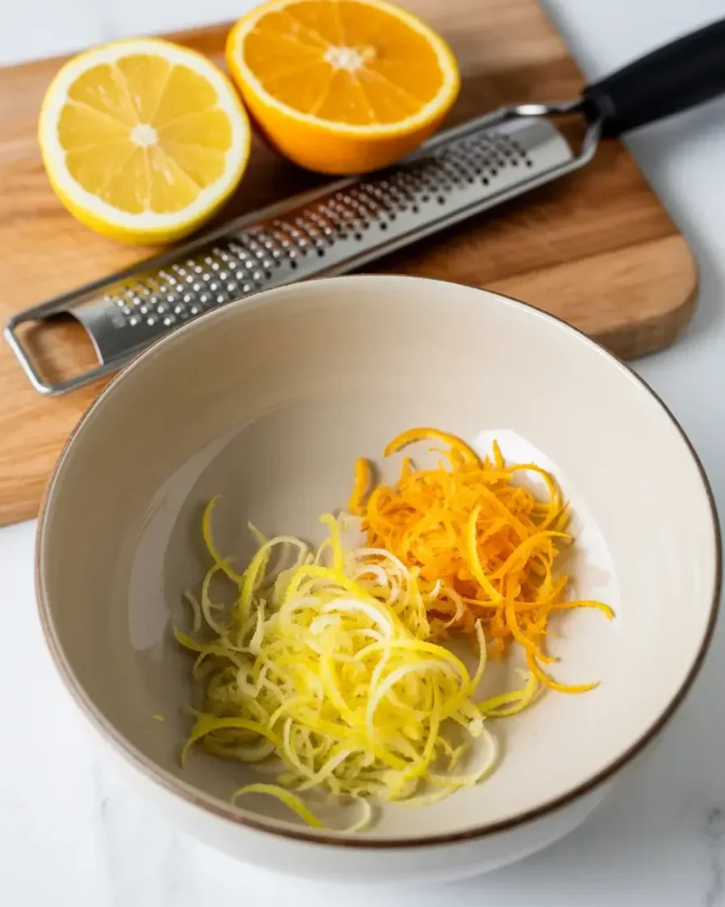 Fresh lemon and orange zest ready to infuse the ricotta cake with bright citrus flavor