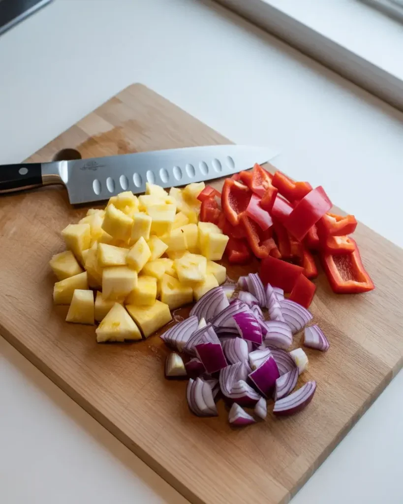 Fresh pineapple, red pepper, and red onion cut into uniform 1.5-inch pieces for skewering