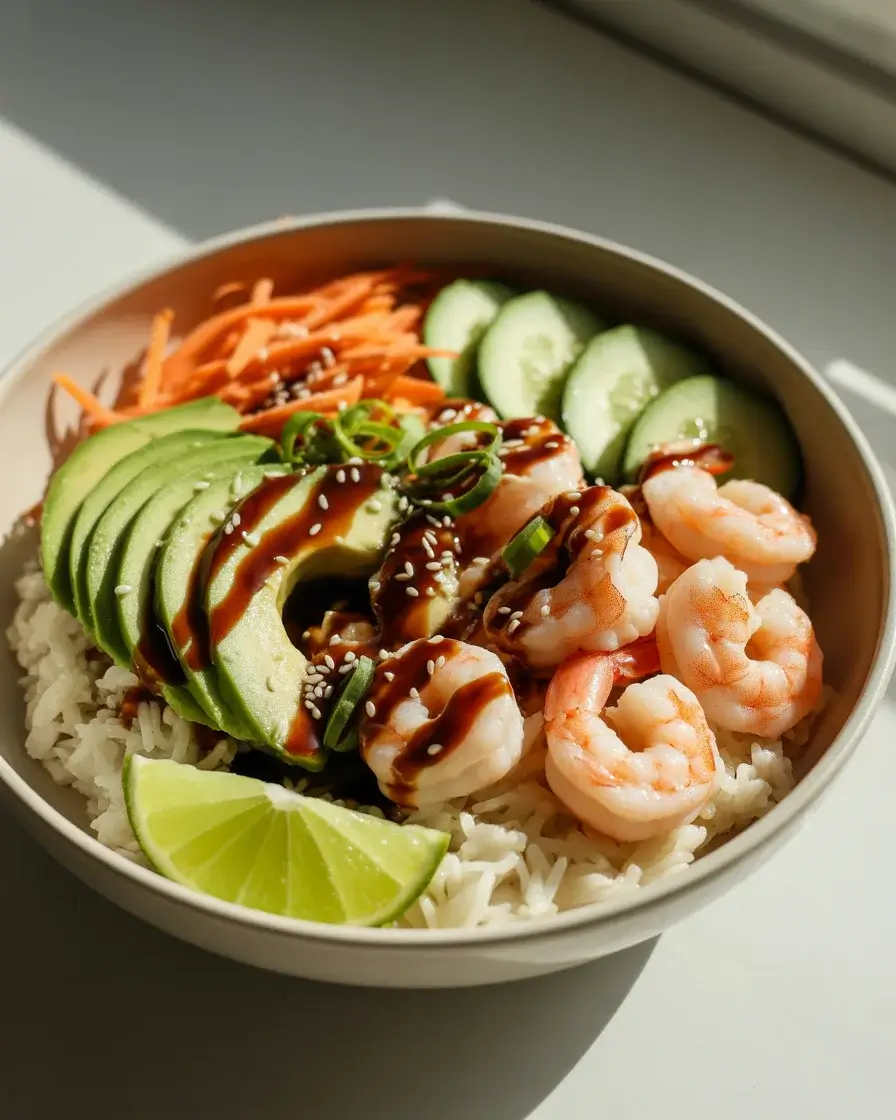 Fresh shrimp avocado rice bowl with soy-sesame drizzle, sesame seeds, and scallions