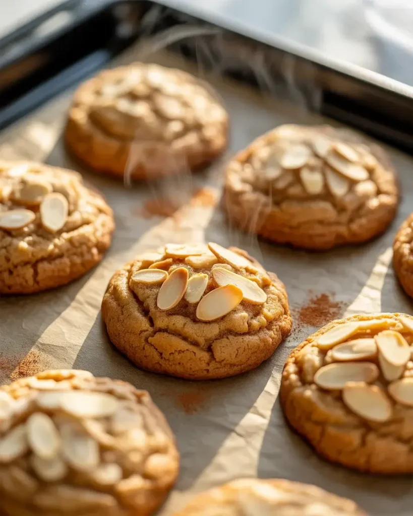 Freshly baked cookies with golden edges, chewy centers, and toasted almond tops