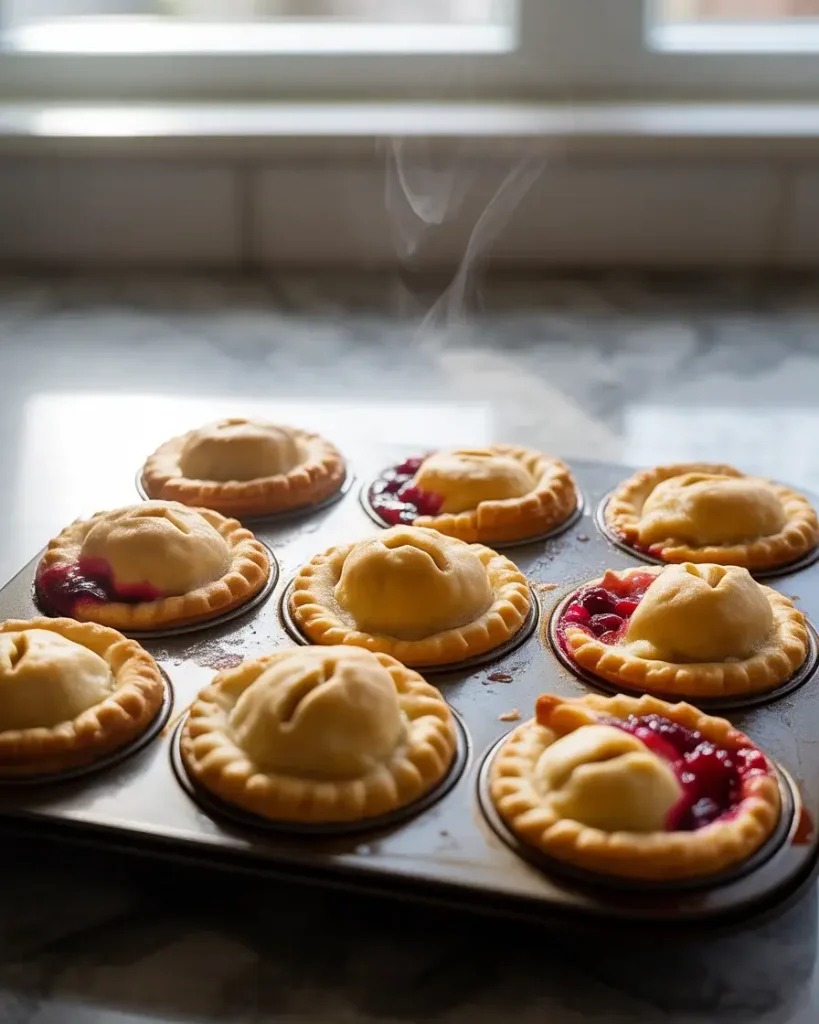 Freshly baked cranberry pear pie minis with golden tops and bubbling ruby filling