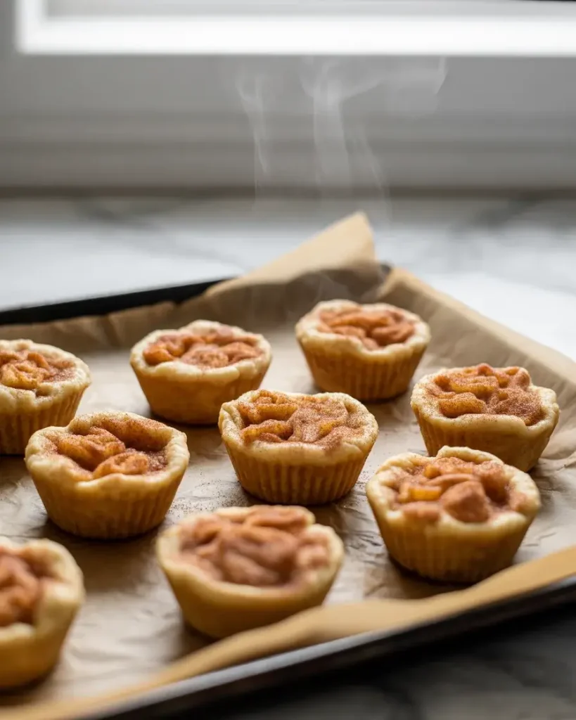 Freshly baked snickerdoodle apple pie bites with golden crinkled tops just out of the oven