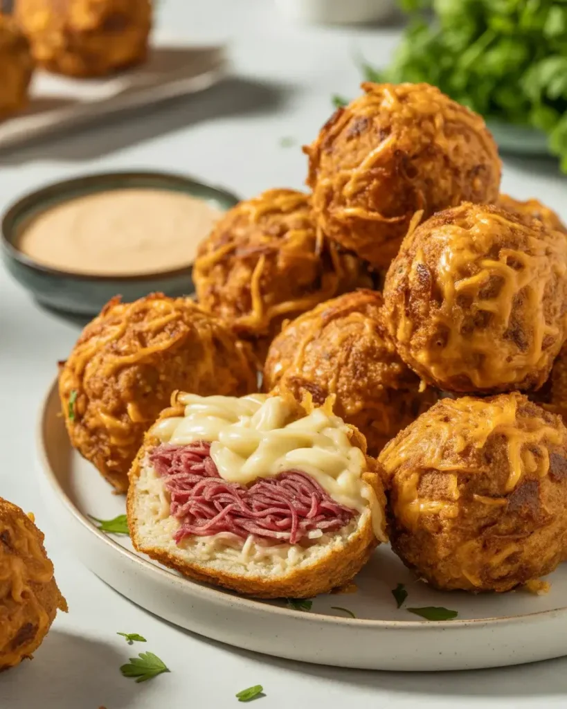 Freshly fried Reuben balls draining on a wire rack, golden and crispy outside with gooey filling inside