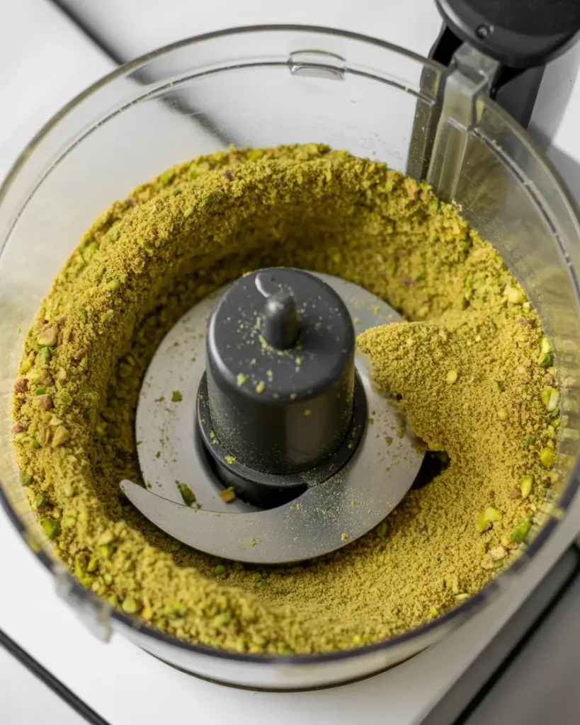 Freshly ground pistachios showing vibrant green color and sandy, fine texture