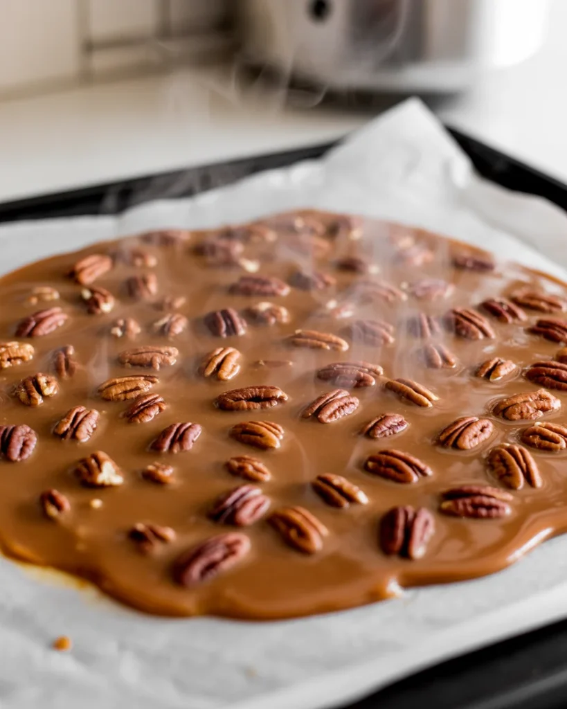 Freshly poured caramel praline cooling on parchment before being crushed into crumble
