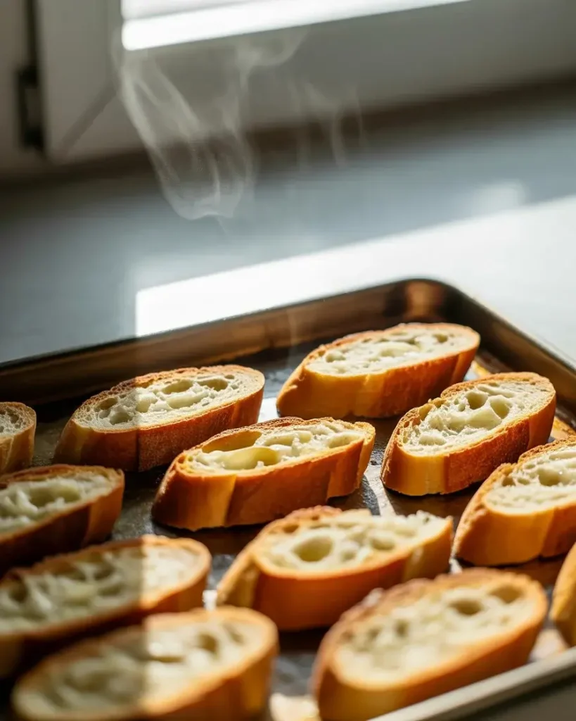 Freshly toasted crostini with deep golden color and crispy edges