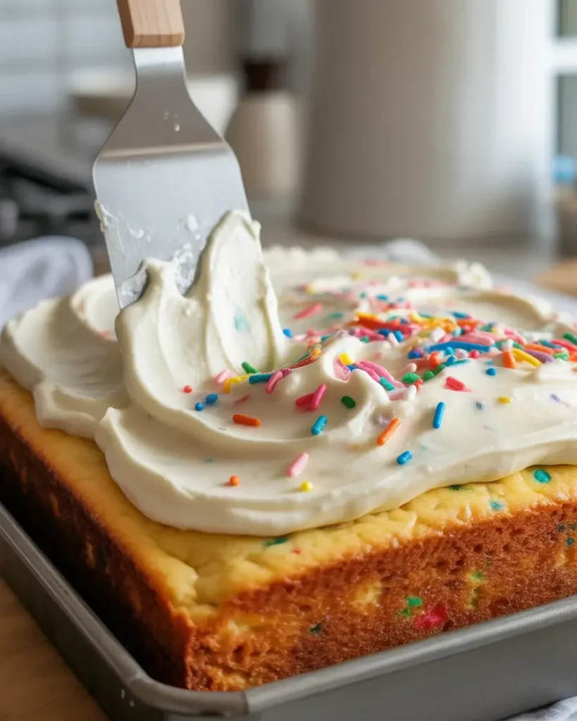 Frost the slightly cooled cake with vanilla buttercream and top generously with rainbow sprinkles