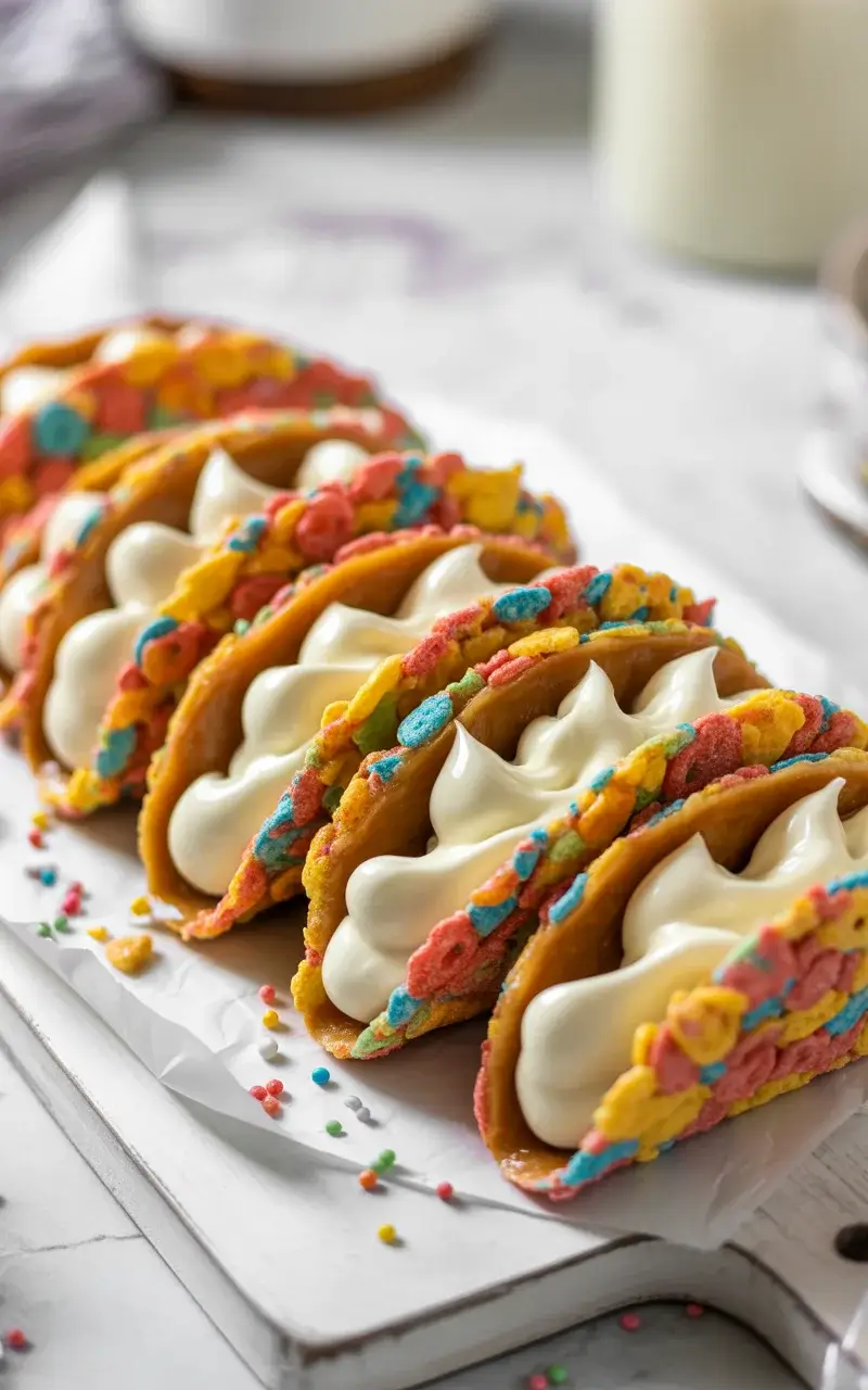 Fruity Pebbles cheesecake tacos with creamy filling, rainbow cereal coating, and white chocolate drizzle