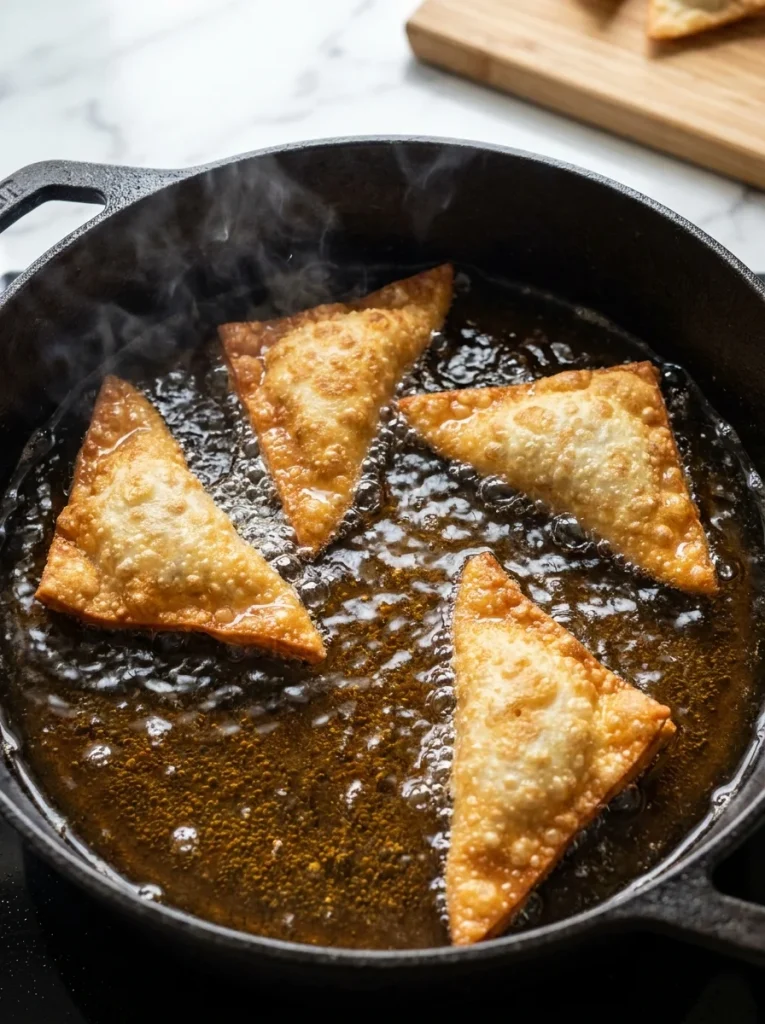 Fry wontons in small batches until deep golden amber with a crackling crisp