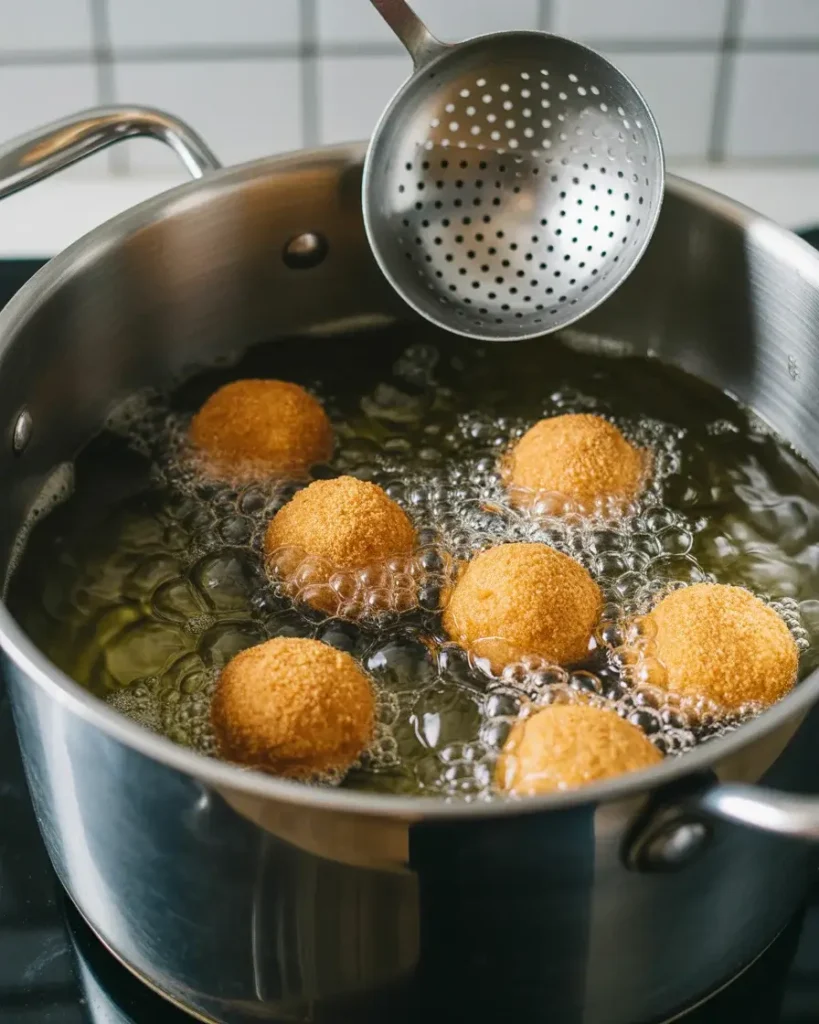 Frying Reuben balls at 350°F until deep golden brown, about 2.5 to 3 minutes per batch