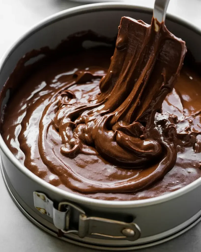  Fudgy brownie batter spread evenly into a springform pan before baking