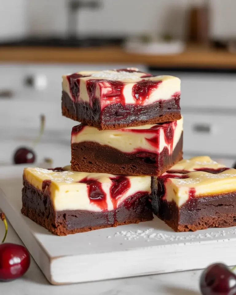 Fudgy cherry cheesecake brownies with glossy swirls, fresh cherry garnish, and a dusting of powdered sugar