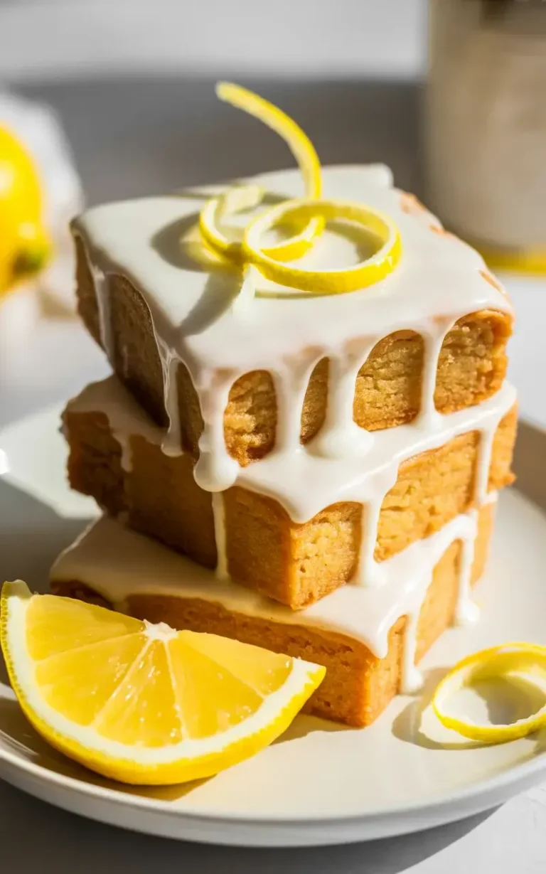 Fudgy lemon brownies with glossy lemon glaze and fresh zest curls on a white plate