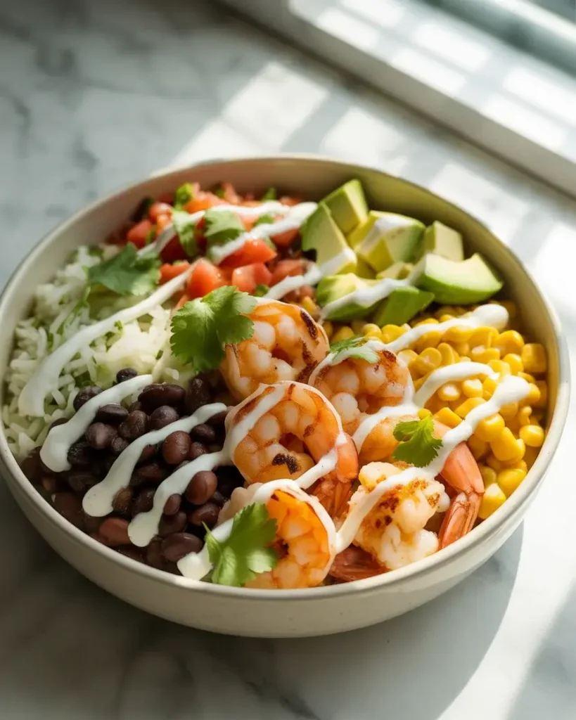  Fully assembled spicy shrimp burrito bowl with vibrant toppings and jalapeño crema drizzle