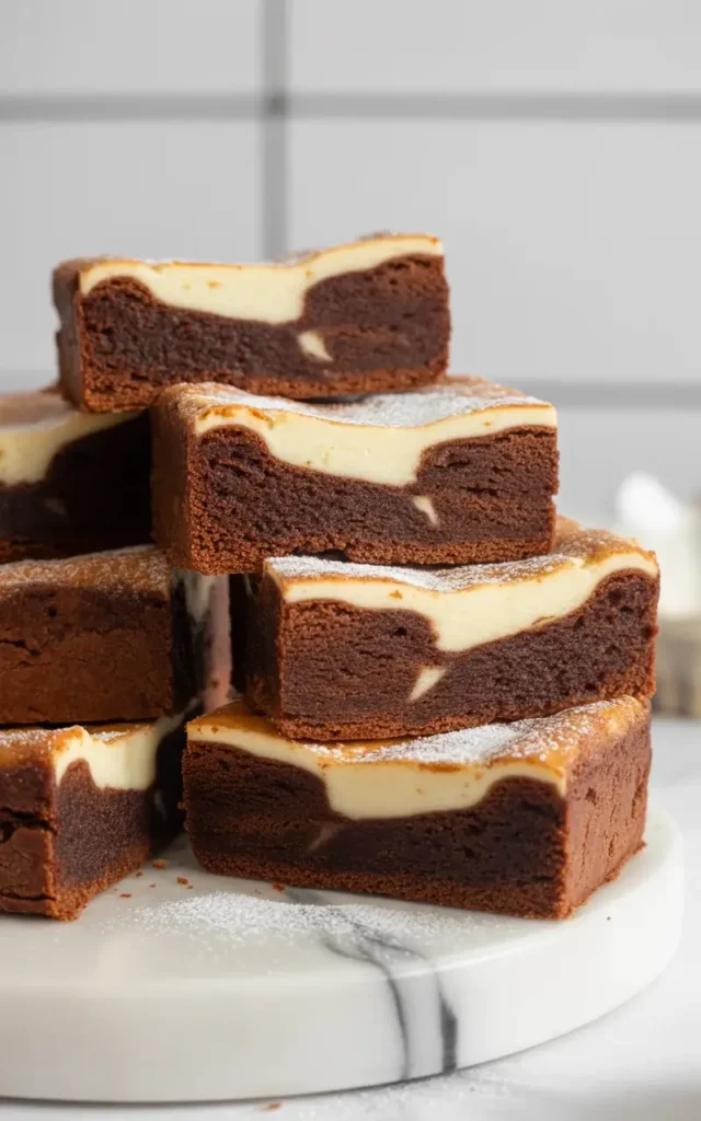 Fully cooled cream cheese brownies sliced cleanly showing fudgy layers and swirls