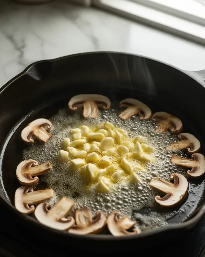 Garlic blooming in butter with mushrooms, stirred constantly to avoid scorching