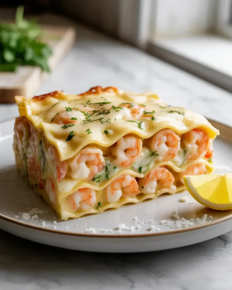 Garlic butter shrimp scampi lasagna - creamy, garlicky layers with tender shrimp in every bite