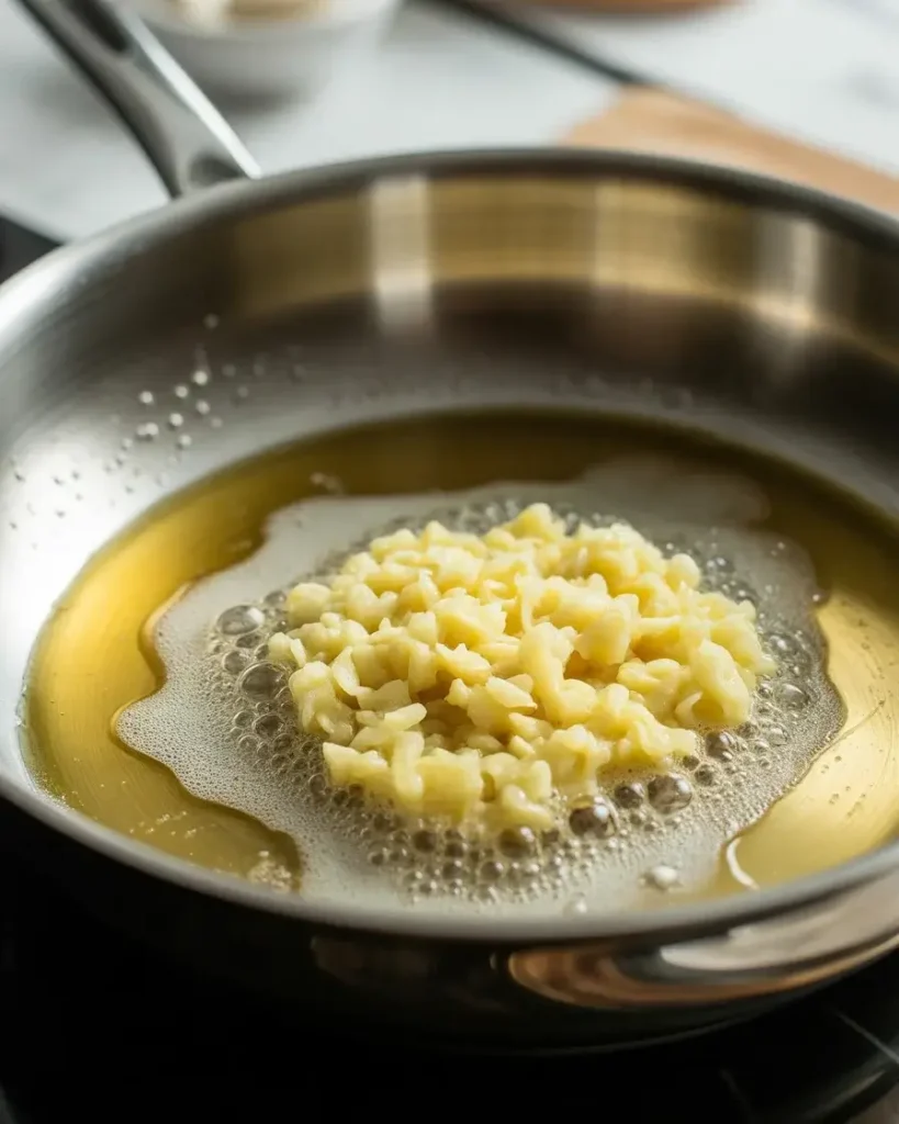 Garlic sautéing in butter until fragrant and lightly golden, about 60-90 seconds