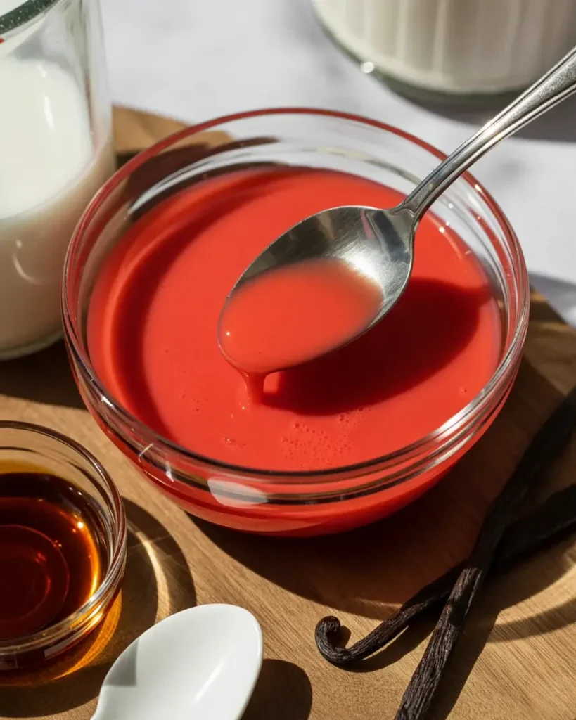 Gel food coloring mixed into buttermilk for a rich, vibrant red velvet color