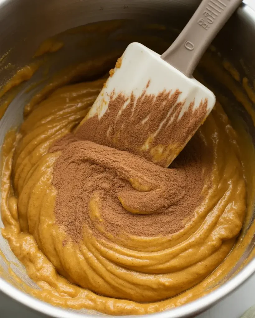 Gently folding spiced flour into pumpkin batter for a perfectly tender crumb