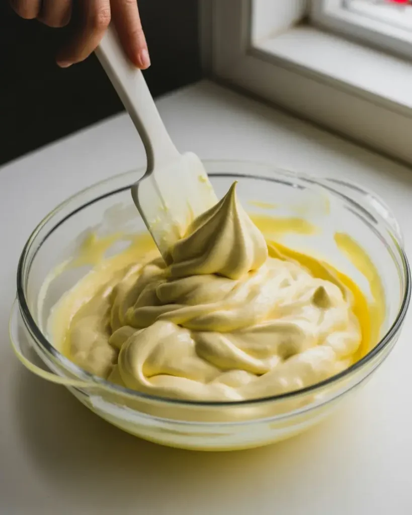 Gently folding whipped cream into lemon filling to keep it light and airy