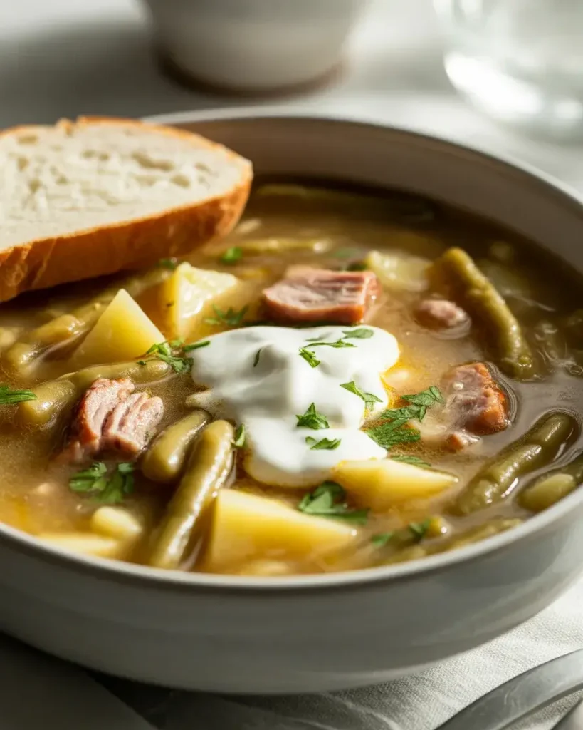 German green bean soup served with sour cream, fresh parsley, and crusty rye bread