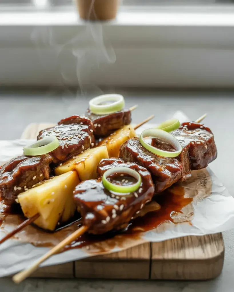 Glazed skewers resting with sesame seeds and green onions added as finishing garnish