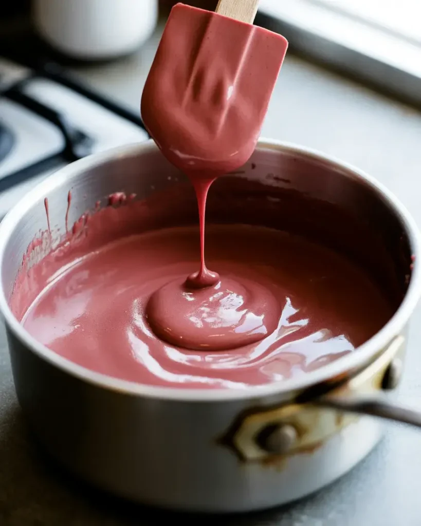  Glossy pink strawberry ganache at the perfect drip consistency, ready to apply