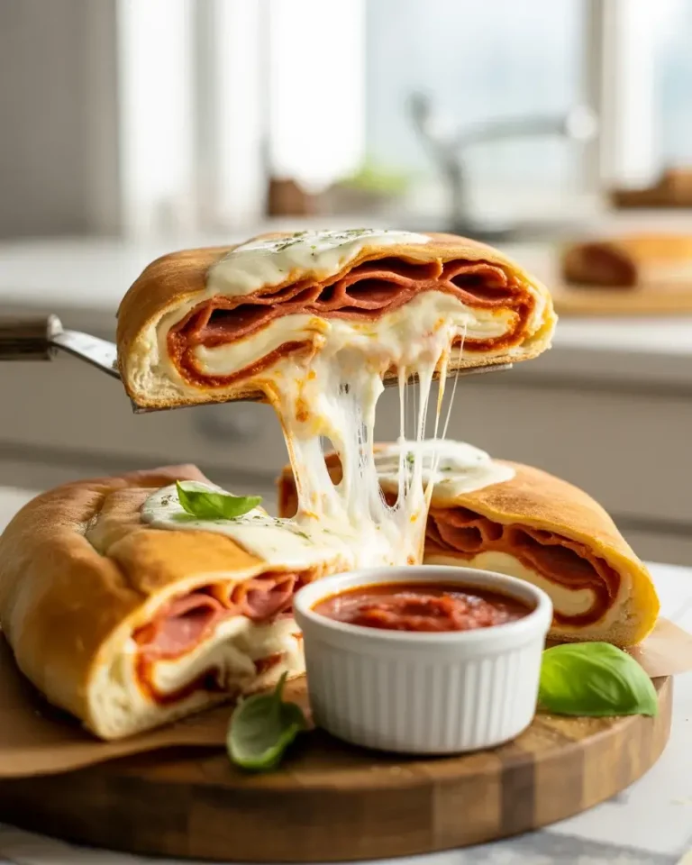 Golden cheesy pepperoni stromboli sliced and served with marinara dipping sauce