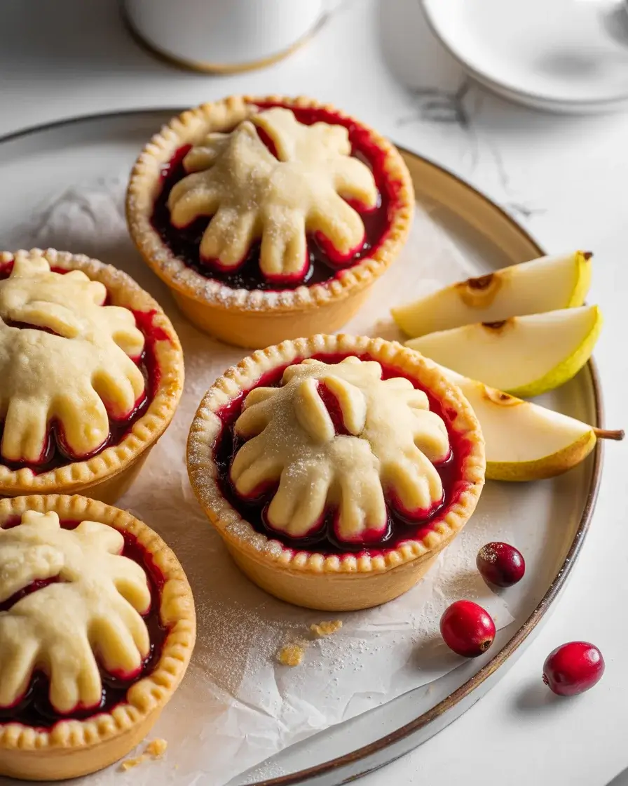 Golden cranberry pear pie minis with flaky crimped crusts and ruby filling on a white plate
