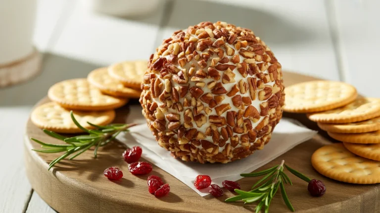 Golden cranberry pecan cream cheese ball on a wooden board with crackers, rosemary, and dried cranberries