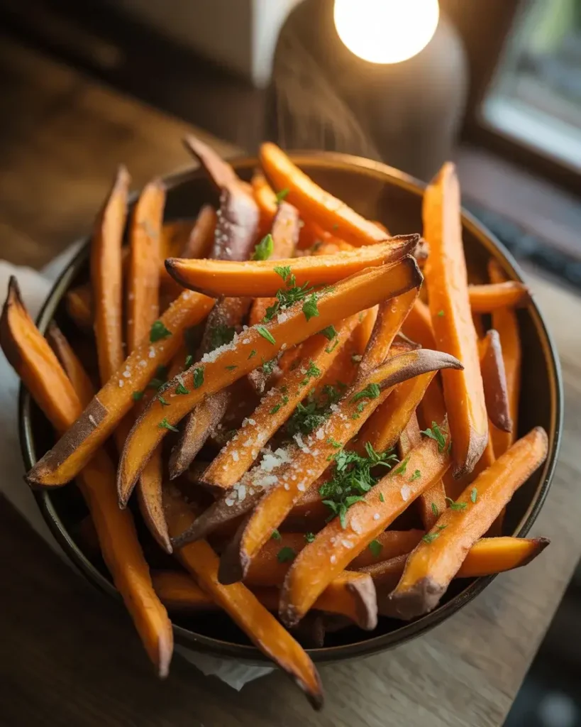 Golden garlic parmesan sweet potato fries garnished with fresh parsley.